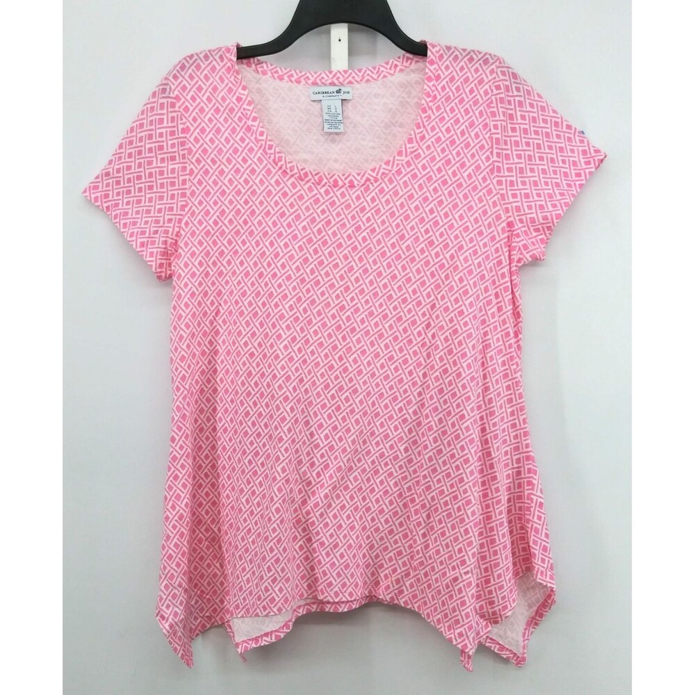 Caribbean Joe Shirt Women Size L Pink Geometric Short Sleeve Tunic Casual Top